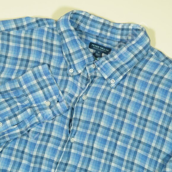 Peter Millar Crown Crafted Linen Shirt Mens XL Blue Plaid Flex Finish - Picture 1 of 6